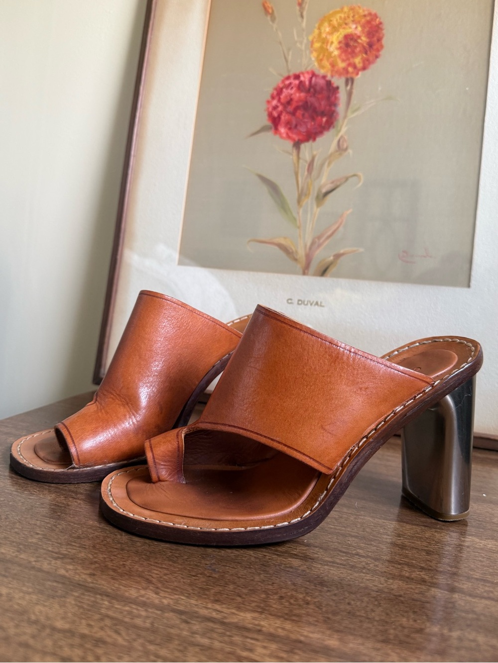 Celine Pheobe Philo Brown Tan Leather Toe Ring Mules Size 6